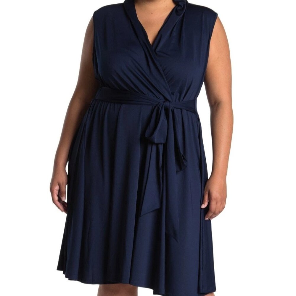 Love By Design Navy Wrap Fit & Flare Dress 2X NWT Plus Size Knee Length Belted